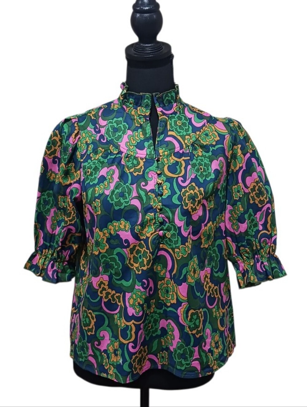 Flora Bea NYC Edith Blouse Top Psychedelic Floral 70s Inspired Ruffle XS/S